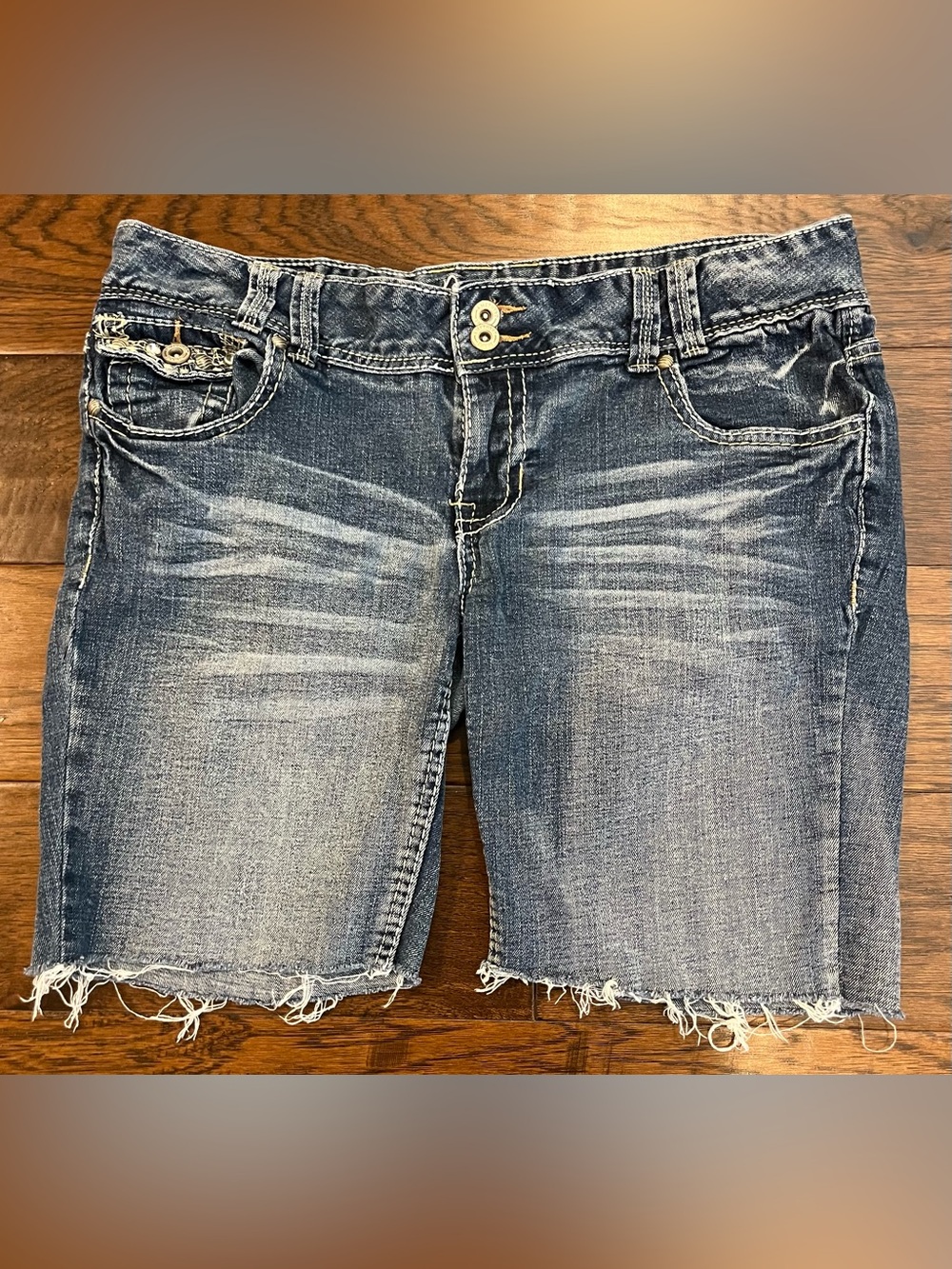 Amethyst Distressed Blue Jeans Denim Cutoff Shorts Studs Rhinestone Accents 13